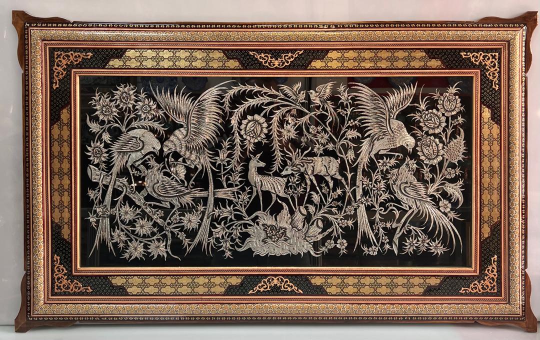 تابلو قلمزنی گل مرغ با قاب خاتم