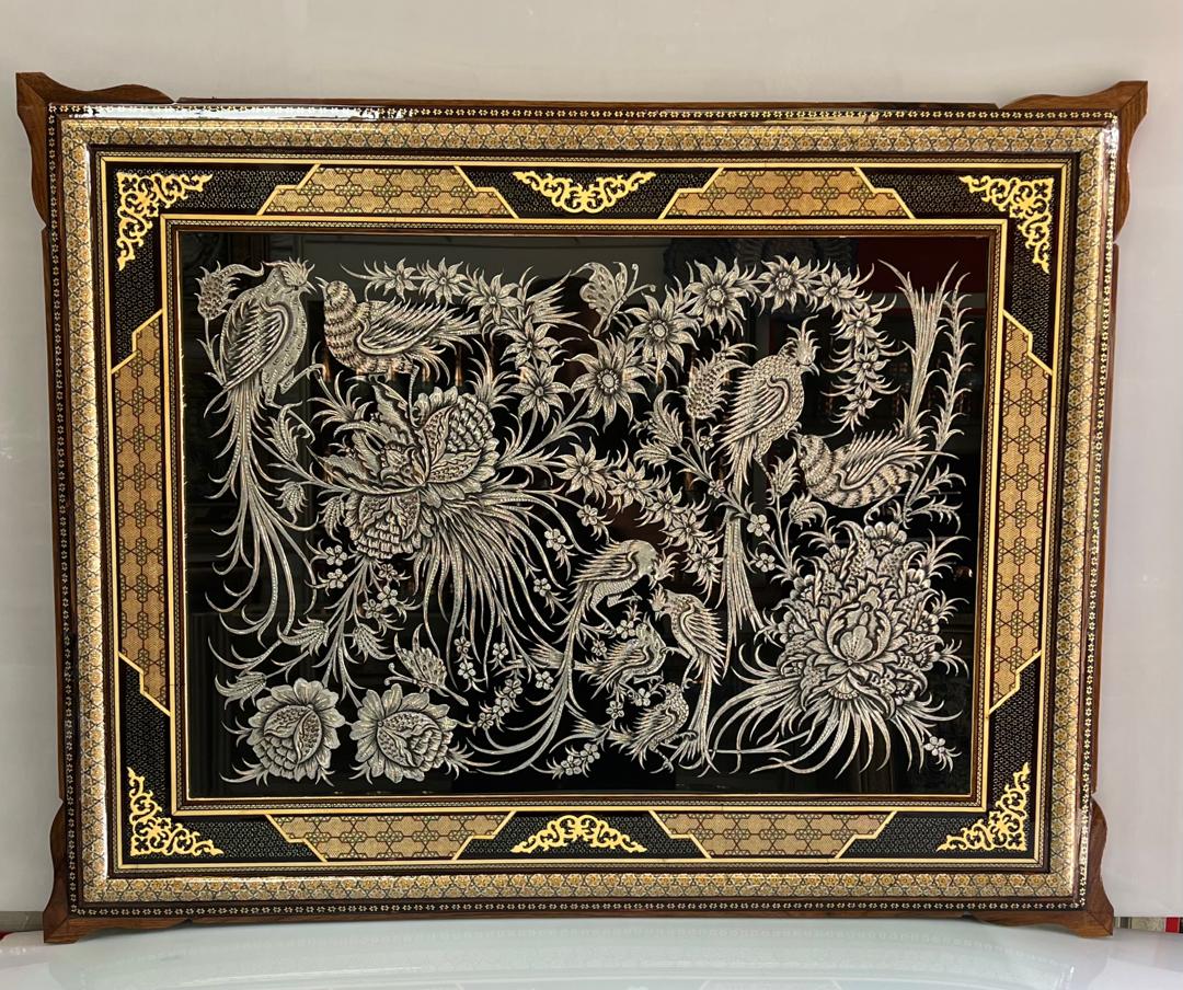 تابلو قلمزنی گل مرغ با قاب خاتم صلیبی اعلا